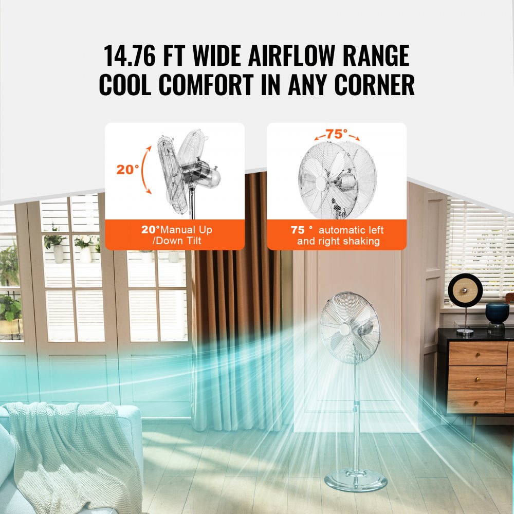 VEVOR Industrial Pedestal Fan, 16 Inch Oscillating Standing Fan, Adjustable Height Floor Stand Floor fan with 3 Adjustable Speeds, High Power Tall Fan for Bedroom, Living Room, Home Office