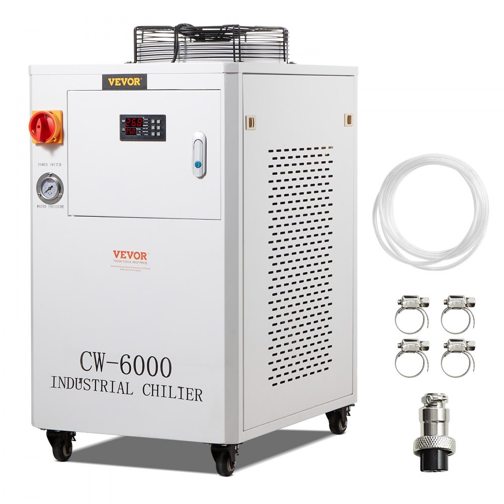 VEVOR Industrial Water Chiller, CW6000, 1500W Industrial Water Cooler Cooling System with Compressor 15L Water Tank Capacity 65 L/min Max Flow Rate, for CO2 Laser Engraving Machine Cooling Machine