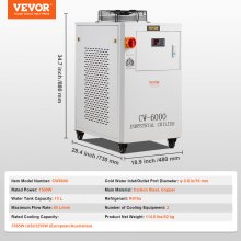 VEVOR Refroidisseur d'eau industriel, CW6000, système de refroidissement de refroidisseur d'eau industriel 1500 W avec compresseur Capacité du réservoir d'eau de 15 L Débit maximum de 65 L/min, pour machine de refroidissement de machine de gravure laser CO2