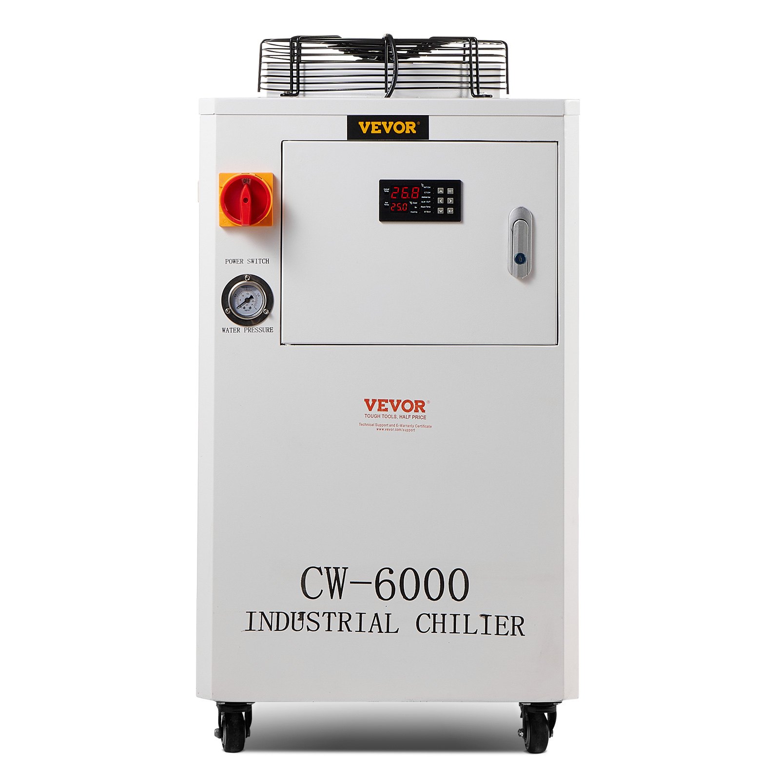 VEVOR Industrial Water Chiller, CW6000, 1500W Industrial Water Cooler Cooling System with Compressor 15L Water Tank Capacity 65 L/min Max Flow Rate, for CO2 Laser Engraving Machine Cooling Machine