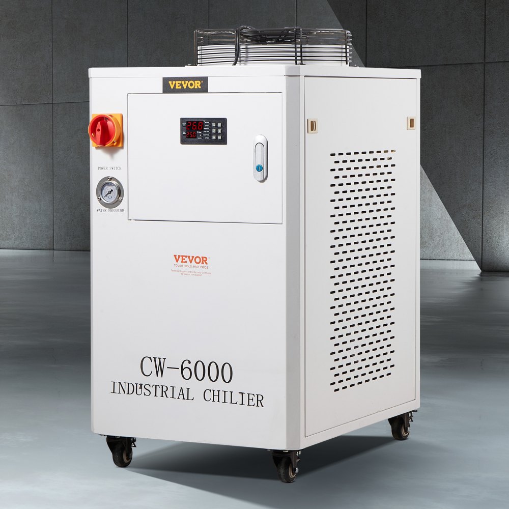 VEVOR Industrial Water Chiller, CW6000, 1500W Industrial Water Cooler Cooling System with Compressor 15L Water Tank Capacity 65 L/min Max Flow Rate, for CO2 Laser Engraving Machine Cooling Machine