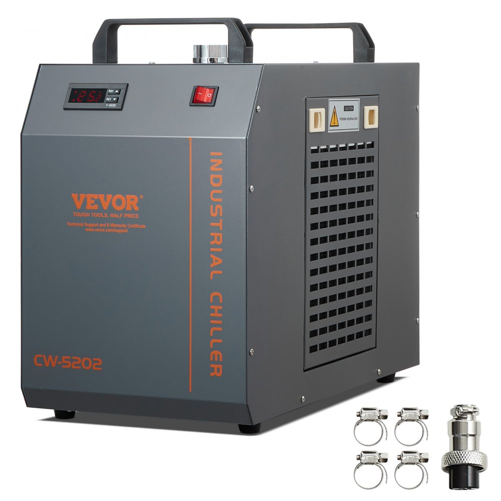 VEVOR Enfriador de agua industrial, CW-5202, sistema de enfriamiento de enfriador de agua industrial con compresor incorporado Capacidad del tanque de agua de 7 L 18 L/min Caudal máximo, para máquina de grabado láser CO2