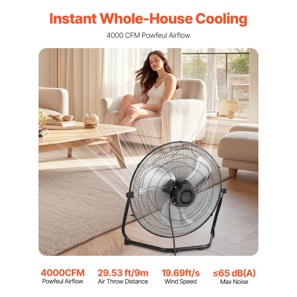 VEVOR Floor Fan, 3 Speeds High Velocity Heavy Duty 18 Inch Industrial Fan, 4000 CFM 360° Adjustable Tilt 19.69 ft/sec Airflow Large Metal Fan, for Home, Gym, Office, Garage, Commercial Shop & Bedroom
