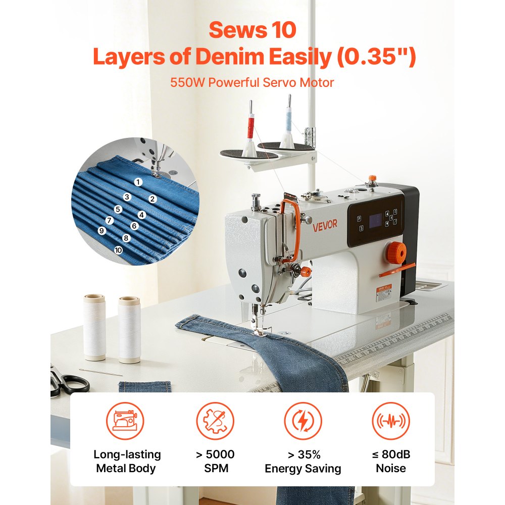 VEVOR Industrial Sewing Machine, 550W Lockstitch Sewing Machine Set with Servo Motor and Table Stand, Auto Thread Trimmer, 5000 SPM High Speed, Metal Frame, LCD Panel, LED Light, for Cotton, Denim