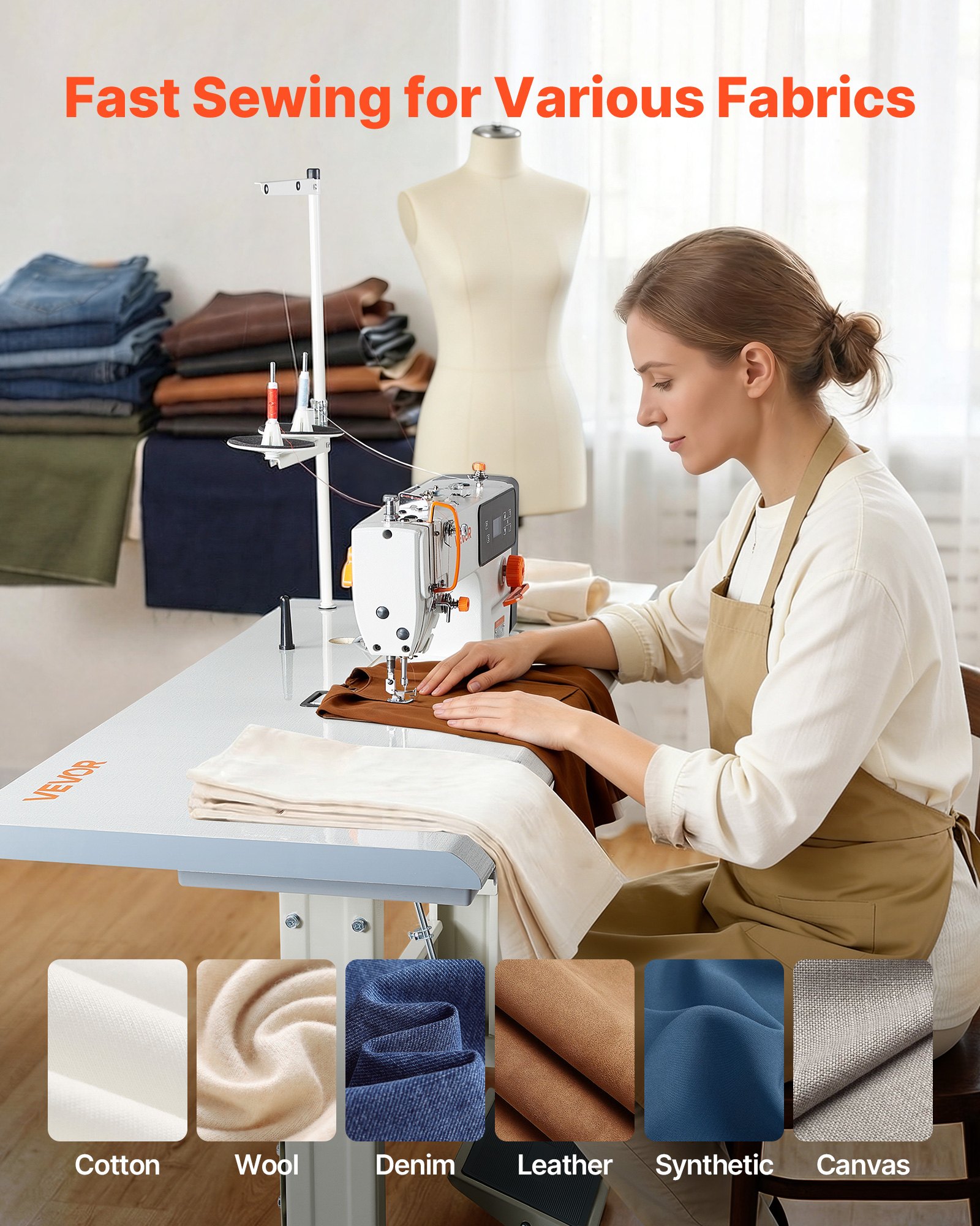 VEVOR Industrial Sewing Machine, 550W Lockstitch Sewing Machine Set with Servo Motor and Table Stand, Auto Thread Trimmer, 5000 SPM High Speed, Metal Frame, LCD Panel, LED Light, for Cotton, Denim