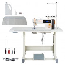 VEVOR Industrial Sewing Machine, 550W Lockstitch Sewing Machine Set with Servo Motor and Table Stand, 5000 SPM High Speed, Metal Frame, LCD Panel, LED Light, for Cotton, Wool, Denim, Leather, Canvas，The Table Stand and The Machine Head Are Shipped Separately.
