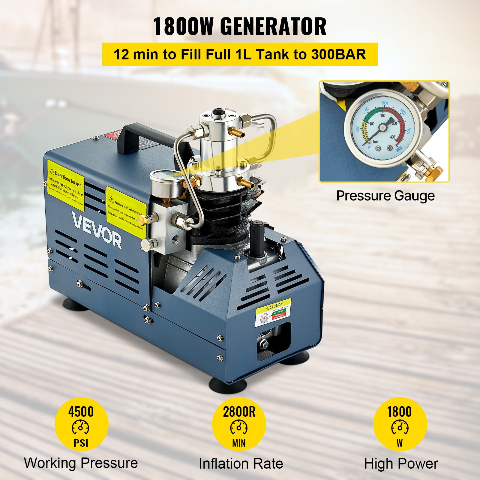 VEVOR High Pressure Compressor, 4500PSI/30MPA/300BAR High Pressure Air Compressor, 1800W 220V Manual Stop Air Rifle Compressor Suitable for Paintball Air Rifle, PCP Rifle, Air Pistol, Diving Bottle