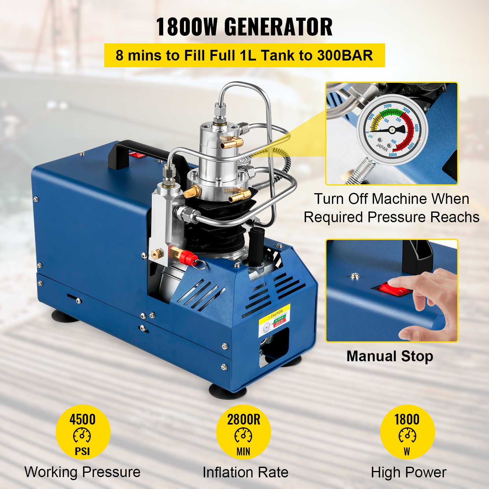 VEVOR High Pressure Compressor, 4500PSI/30MPA/300BAR High Pressure Air Compressor, 1800W 220V Manual Stop Air Rifle Compressor Suitable for Paintball Air Rifle, PCP Rifle, Air Pistol, Diving Bottle