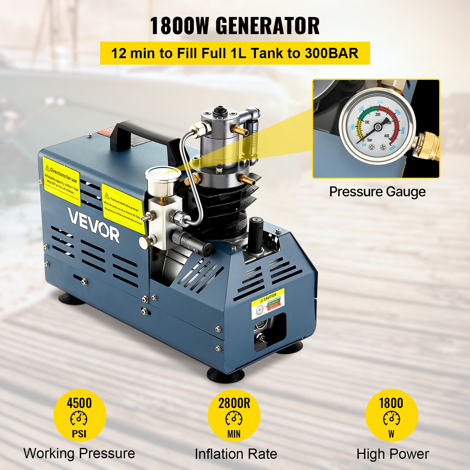 VEVOR High Pressure Compressor, 4500PSI/30MPA High Pressure Air Compressor, 1800W 220V Automatic Pressure Relief Air Rifle Compressor Suitable for Paintball Air Rifle, PCP Rifle, Diving Bottle
