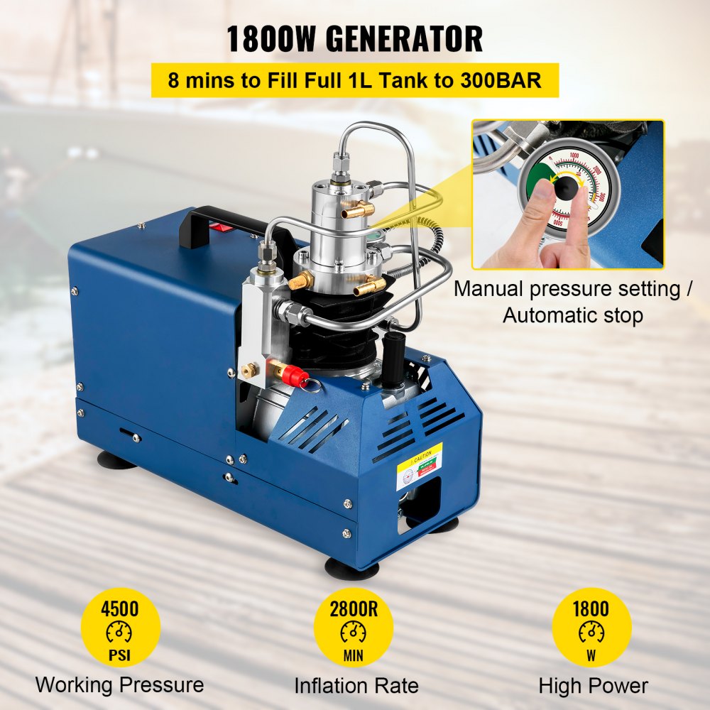 VEVOR High Pressure Compressor, 4500PSI/30MPA/300BAR High Pressure Air Compressor, 1800W 220V Automatic Stop Air Rifle Compressor Suitable for Paintball Air Rifle, PCP Rifle, Air Pistol, Diving Bottle
