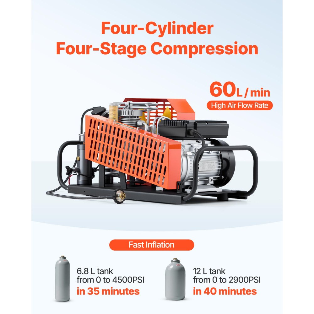 VEVOR PCP Air Compressor, 4500PSI/30Mpa Diving Scuba Tank Air Compressor, 60 L/min Four-Cylinder Auto Stop PCP Rifle Compressor Pump with Fan Cooling System for Scuba Tanks, Paintball, Firefighting