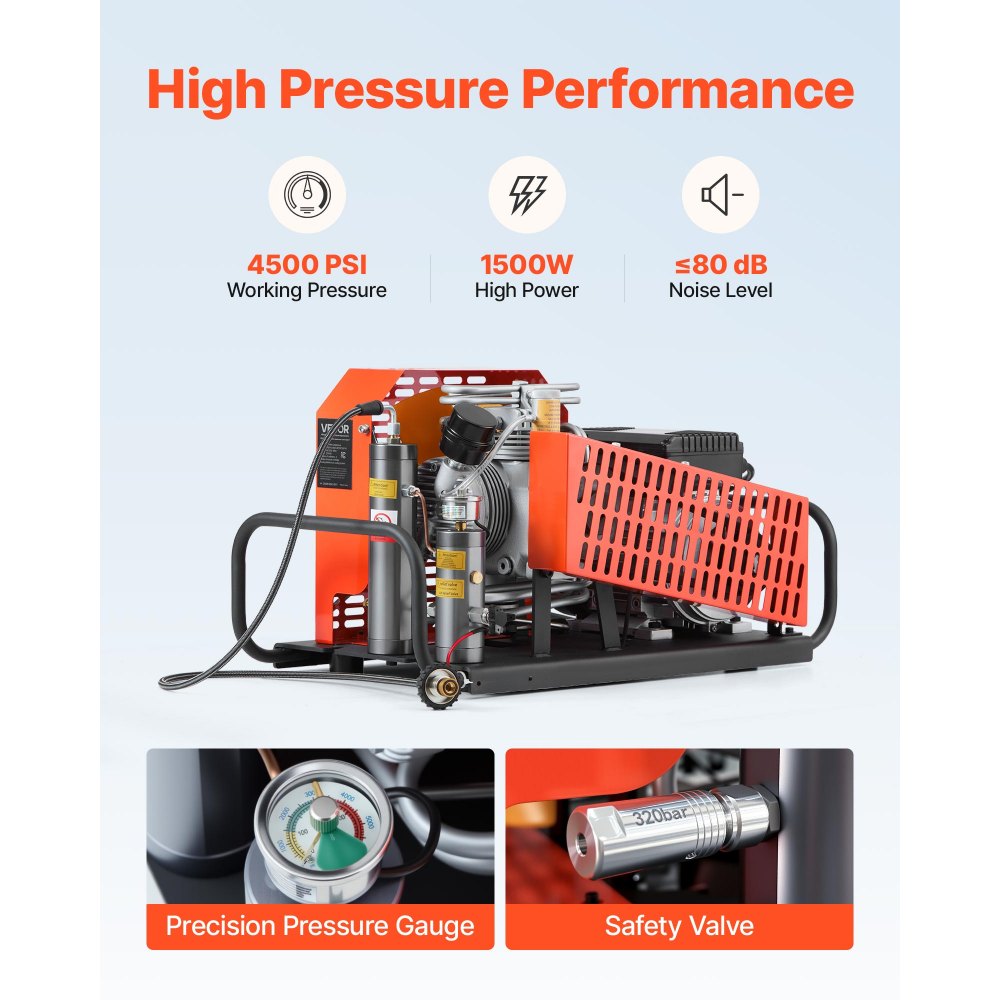 VEVOR PCP Air Compressor, 4500PSI/30Mpa Diving Scuba Tank Air Compressor, 60 L/min Four-Cylinder Auto Stop PCP Rifle Compressor Pump with Fan Cooling System for Scuba Tanks, Paintball, Firefighting