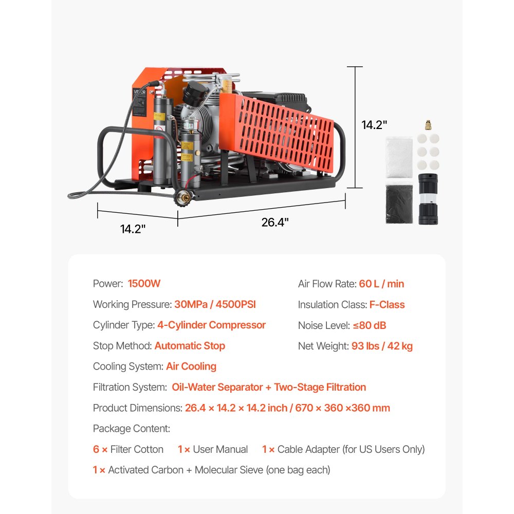 VEVOR PCP Air Compressor, 4500PSI/30Mpa Diving Scuba Tank Air Compressor, 60 L/min Four-Cylinder Auto Stop PCP Rifle Compressor Pump with Fan Cooling System for Scuba Tanks, Paintball, Firefighting