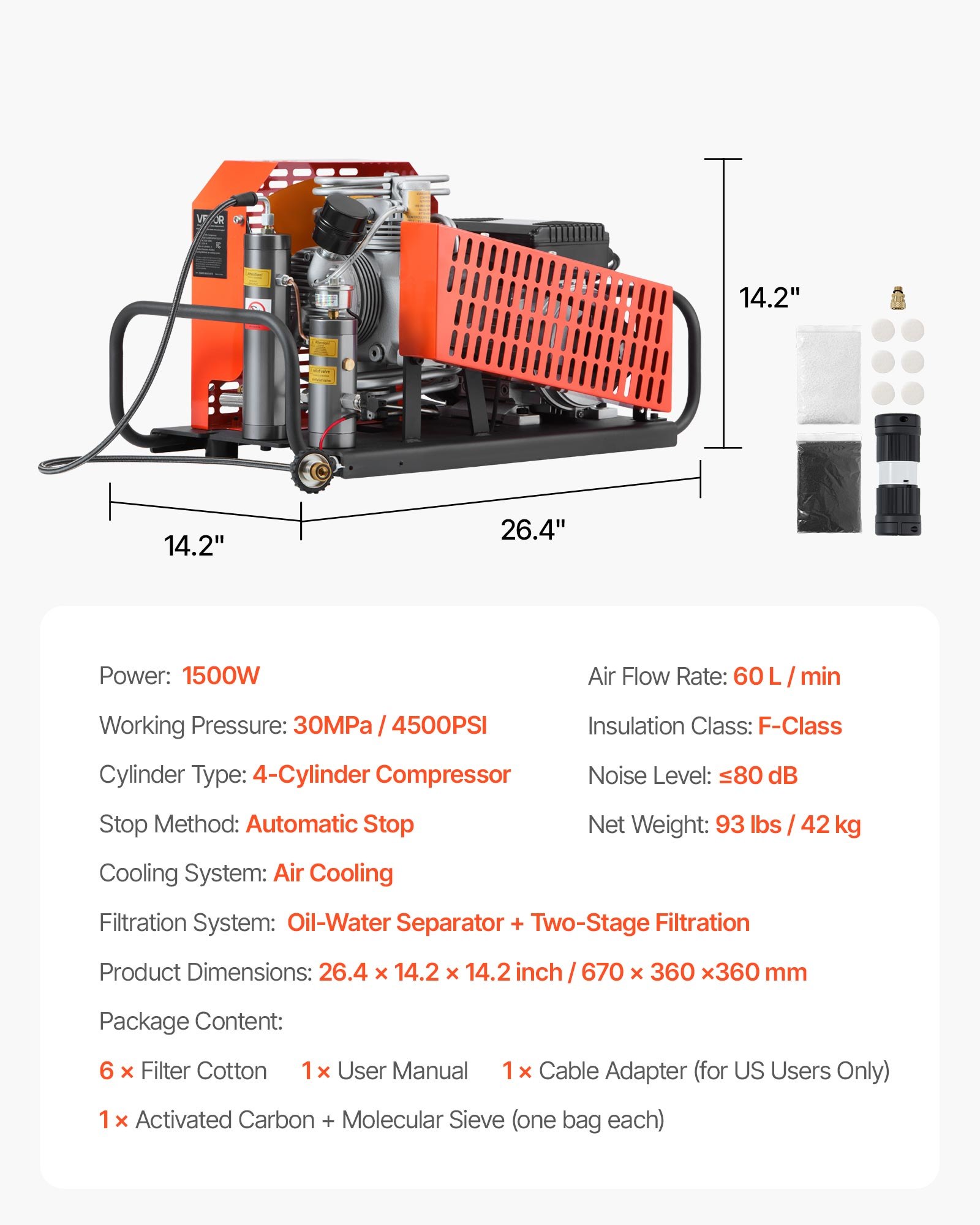 VEVOR PCP Air Compressor, 4500PSI/30Mpa Diving Scuba Tank Air Compressor, 60 L/min Four-Cylinder Auto Stop PCP Rifle Compressor Pump with Fan Cooling System for Scuba Tanks, Paintball, Firefighting