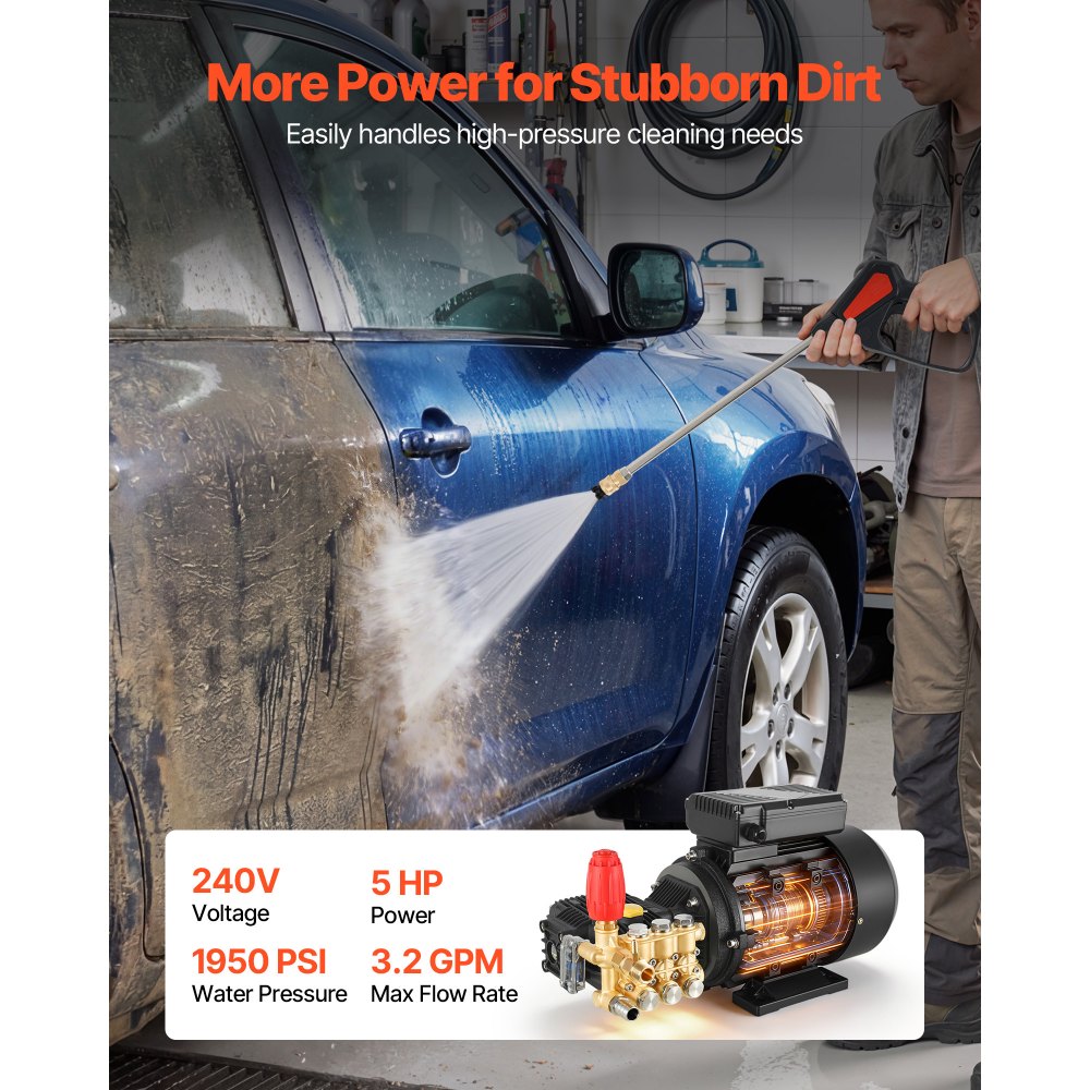 VEVOR Electric Pressure Washer Pump Kit, 1950 PSI, 3.2 GPM, Triplex Power Washer Pump with 5 HP Motor 240 V, Includes Wall Mount Bracket, Spray Gun, Wand, Hose, 5 Nozzles, for Washing Cars, Gardens