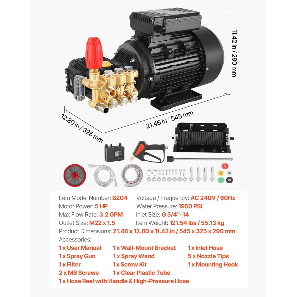 VEVOR Electric Pressure Washer Pump Kit, 1950 PSI, 3.2 GPM, Triplex Power Washer Pump with 5 HP Motor 240 V, Includes Wall Mount Bracket, Spray Gun, Wand, Hose, 5 Nozzles, for Washing Cars, Gardens