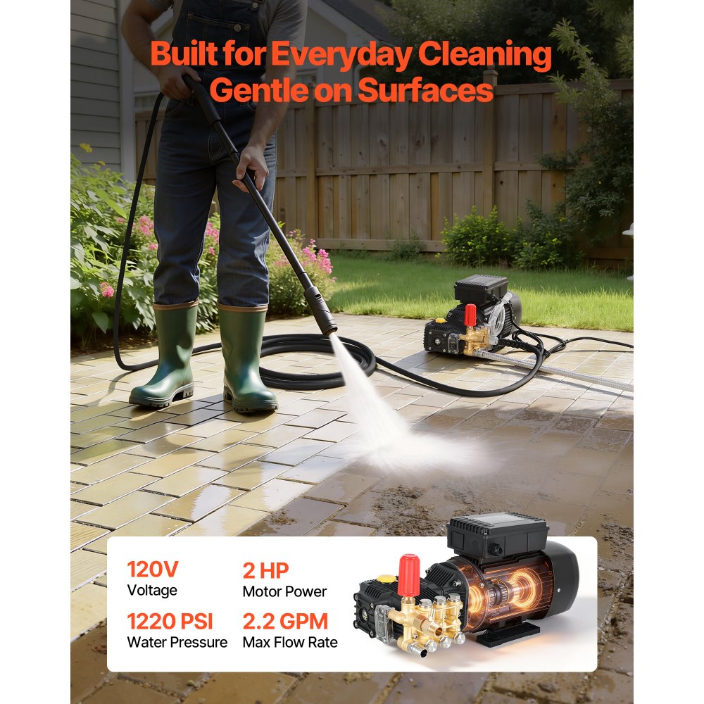 VEVOR Electric Pressure Washer Pump Kit, 1220 PSI, 2.2 GPM, Triplex Power Washer Pump with 2 HP Motor 120 V, Adjustable Water Pressure, for Washing Cars, Gardens, Exterior Walls, Deck, Machinery Equipment