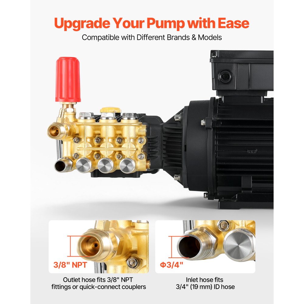 VEVOR Electric Pressure Washer Pump Kit, 1220 PSI, 2.2 GPM, Triplex Power Washer Pump with 2 HP Motor 120 V, Adjustable Water Pressure, for Washing Cars, Gardens, Exterior Walls, Deck, Machinery Equipment