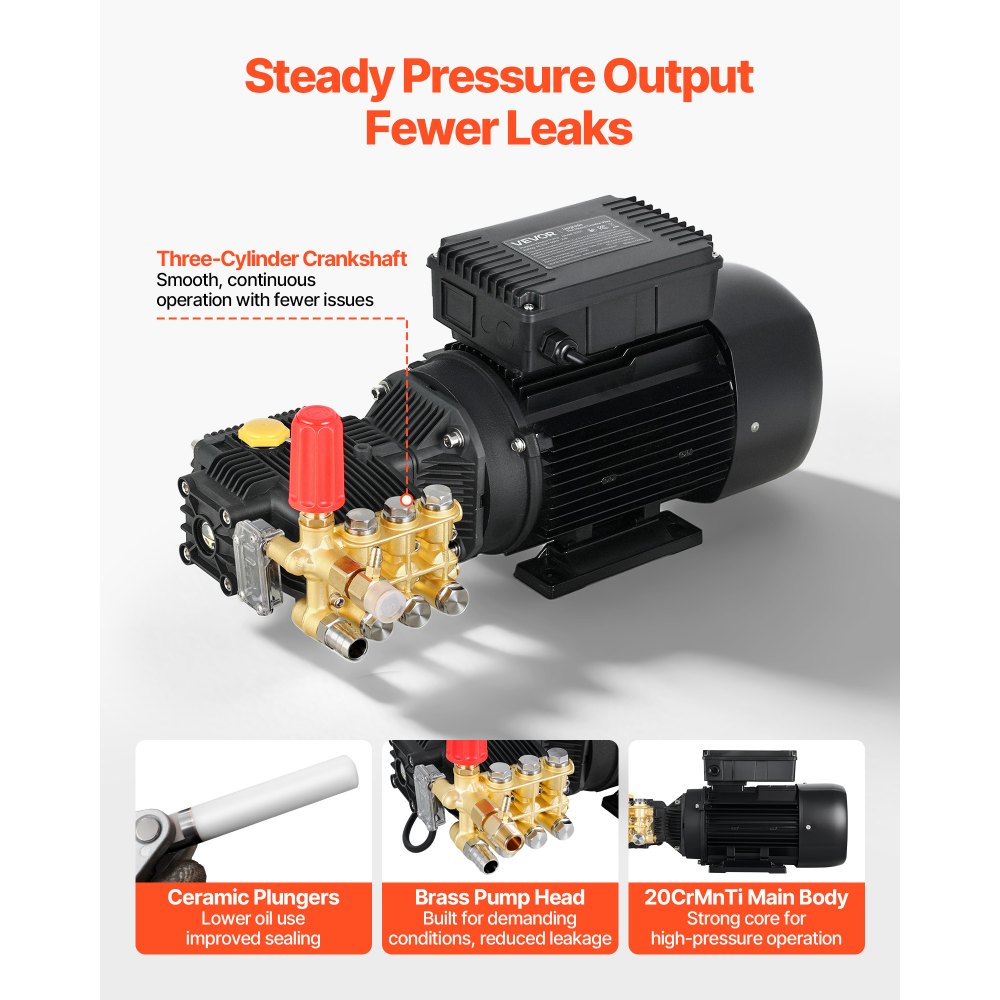 VEVOR Electric Pressure Washer Pump Kit, 1220 PSI, 2.2 GPM, Triplex Power Washer Pump with 2 HP Motor 120 V, Adjustable Water Pressure, for Washing Cars, Gardens, Exterior Walls, Deck, Machinery Equipment
