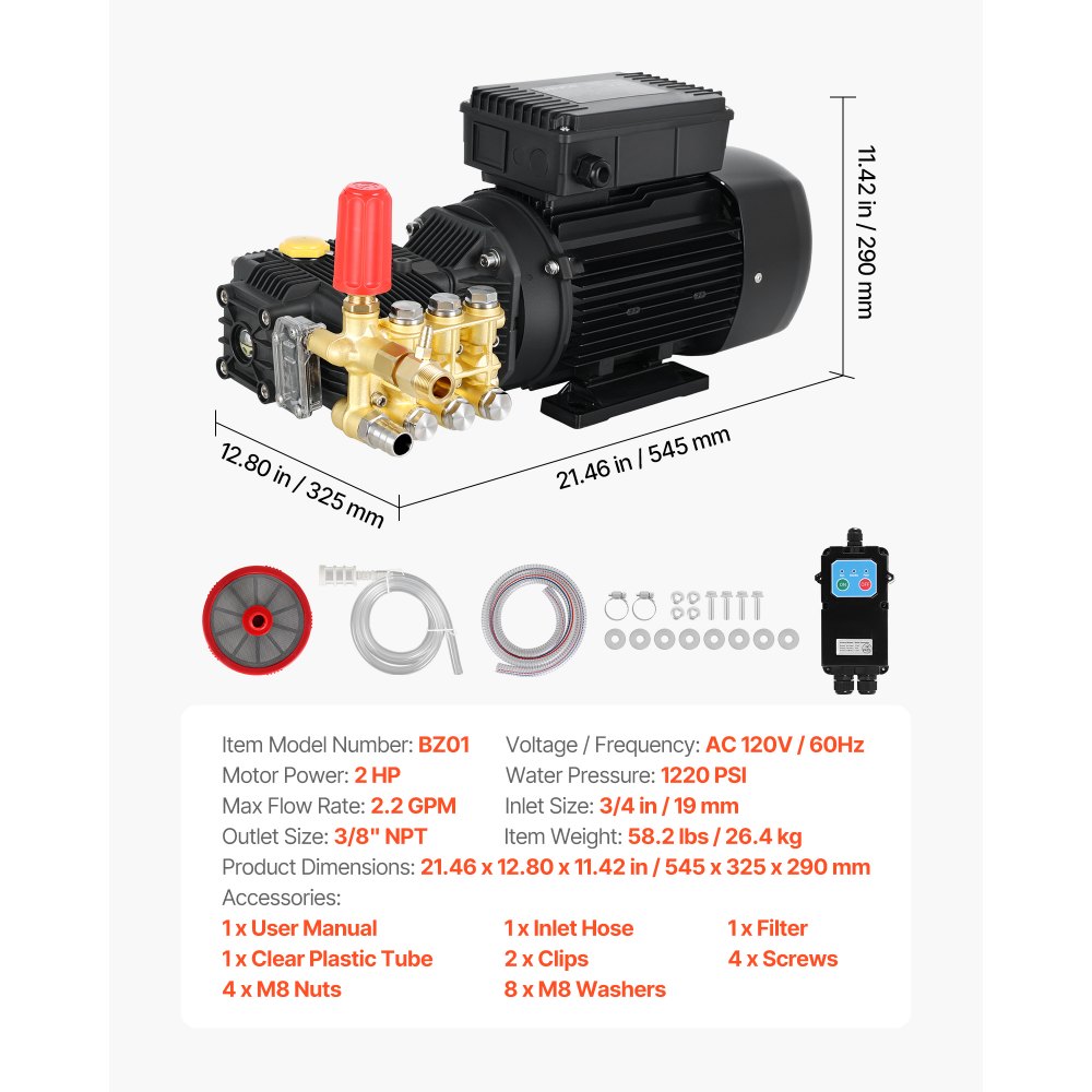 VEVOR Electric Pressure Washer Pump Kit, 1220 PSI, 2.2 GPM, Triplex Power Washer Pump with 2 HP Motor 120 V, Adjustable Water Pressure, for Washing Cars, Gardens, Exterior Walls, Deck, Machinery Equipment
