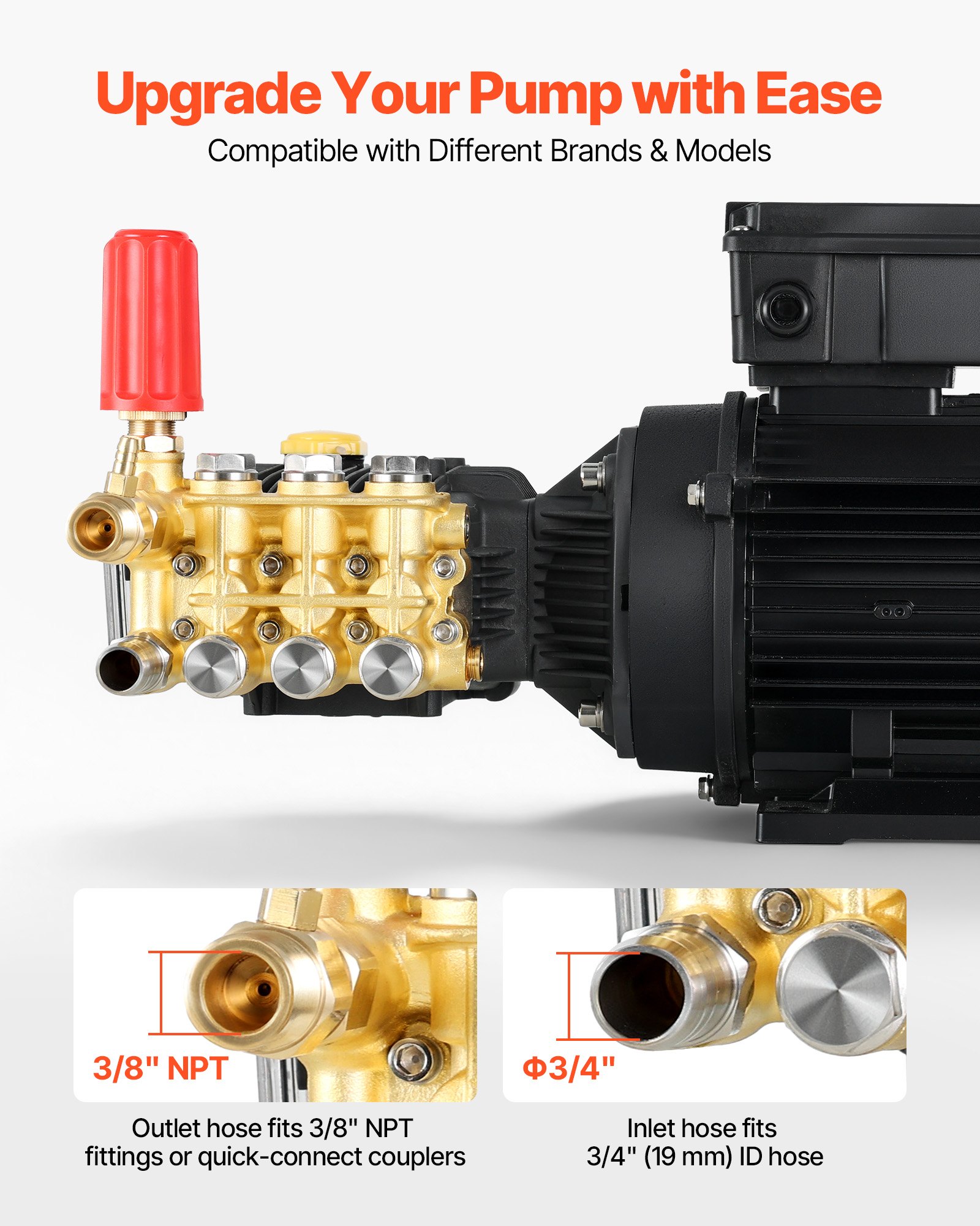 VEVOR Electric Pressure Washer Pump Kit, 1220 PSI, 2.2 GPM, Triplex Power Washer Pump with 2 HP Motor 120 V, Adjustable Water Pressure, for Washing Cars, Gardens, Exterior Walls, Deck, Machinery Equipment
