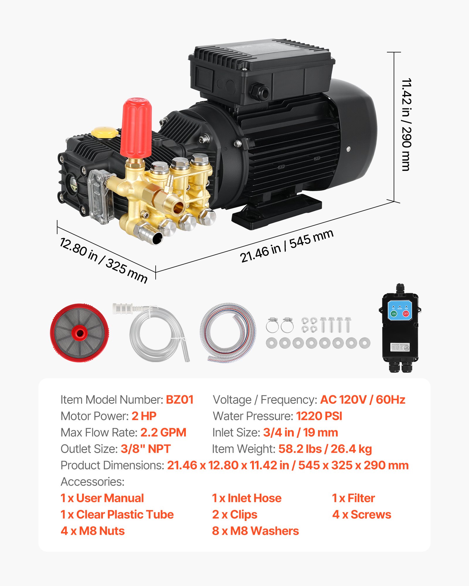 VEVOR Electric Pressure Washer Pump Kit, 1220 PSI, 2.2 GPM, Triplex Power Washer Pump with 2 HP Motor 120 V, Adjustable Water Pressure, for Washing Cars, Gardens, Exterior Walls, Deck, Machinery Equipment