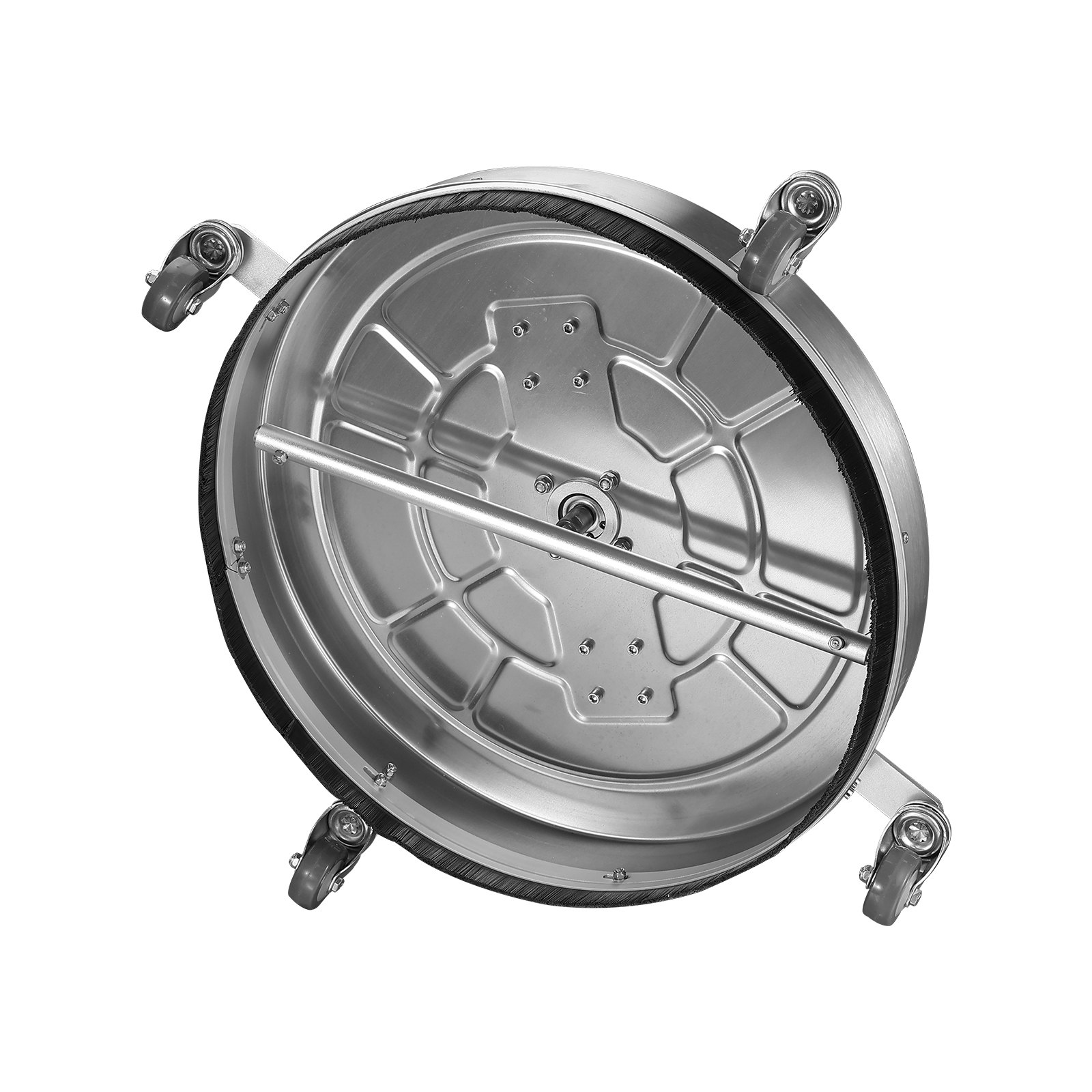 VEVOR pressure washer surface cleaner with stainless steel body and rotating jets, equipped with caster wheels.