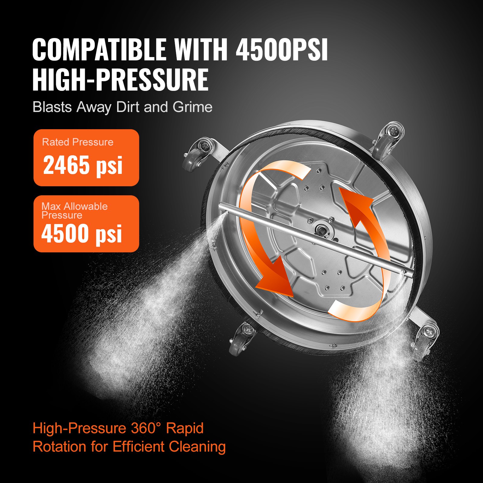 VEVOR 20" Pressure Washer Surface Cleaner w/ Handles & Wheels, Stainless Steel Concrete Cleaner 4500 Max PSI , 3/8"Connector & 1/4" Adapter Power Washer Floor Attachment,For Floor Driveway, Patio