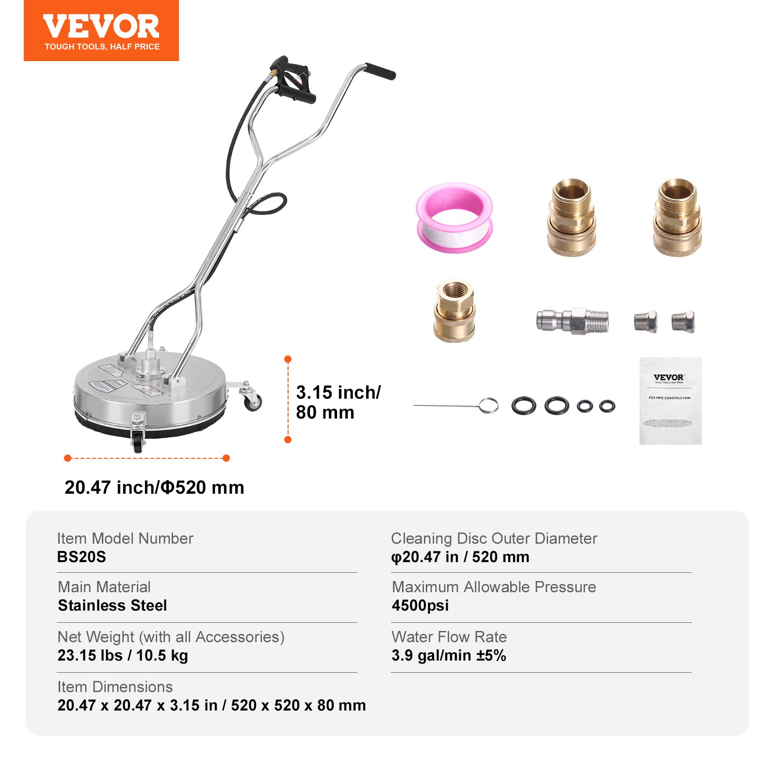 VEVOR 20" Pressure Washer Surface Cleaner w/ Handles & Wheels, Stainless Steel Concrete Cleaner 4500 Max PSI , 3/8"Connector & 1/4" Adapter Power Washer Floor Attachment,For Floor Driveway, Patio