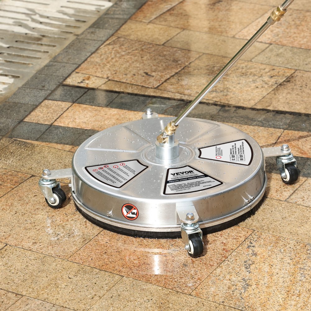 VEVOR pressure washer surface cleaner on wet tiles, featuring four wheels for easy movement.
