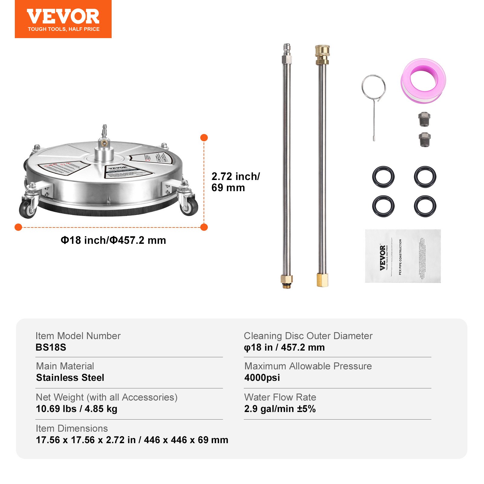 VEVOR pressure washer surface cleaner stainless steel, 18-inch diameter, 4000 psi, with accessories.