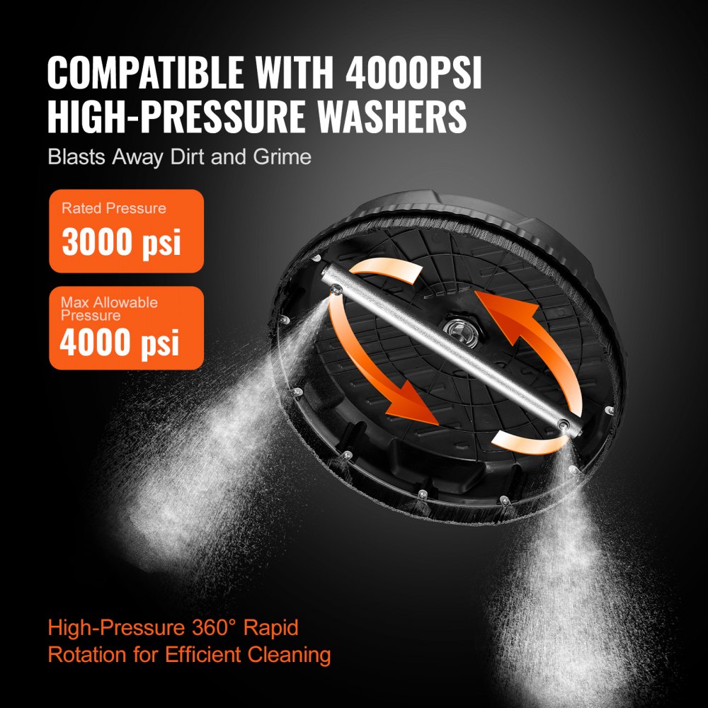 VEVOR pressure washer surface cleaner compatible with 4000psi, rated pressure 3000psi, 360° rapid rotation.