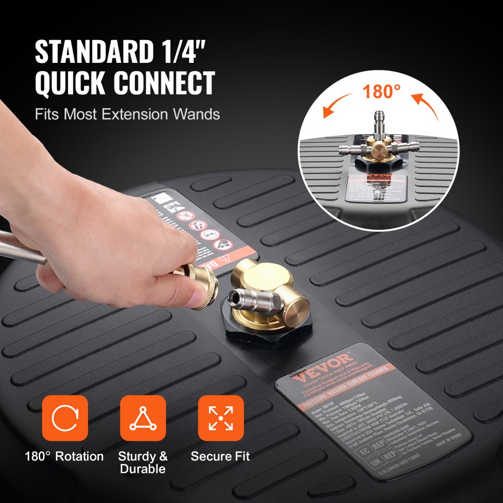 VEVOR pressure washer surface cleaner with 1/4&quot; quick connect, 180° rotation, sturdy and durable.