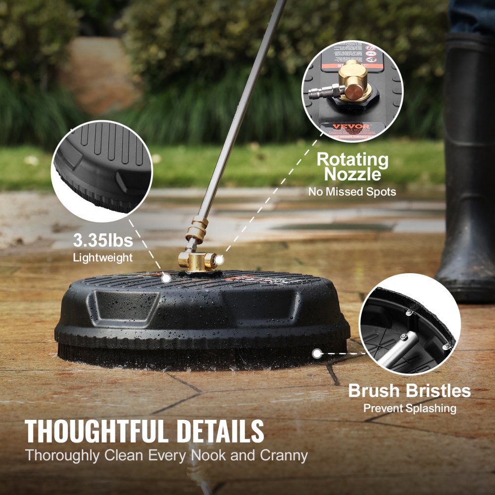 VEVOR pressure washer surface cleaner with rotating nozzle, lightweight design, and brush bristles.