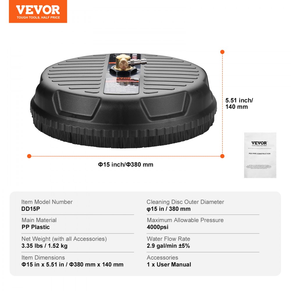 VEVOR pressure washer surface cleaner with 15-inch diameter, pp plastic material, and 4000psi max pressure.