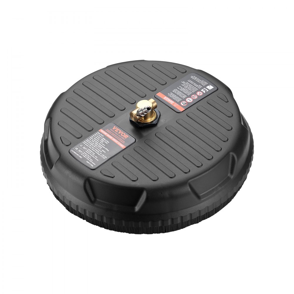black VEVOR pressure washer surface cleaner with a brass nozzle and labeled details on the top.