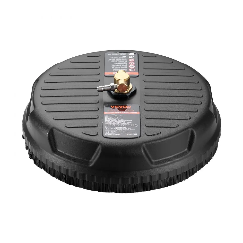 black VEVOR pressure washer surface cleaner with brass connector and detailed specifications on top.