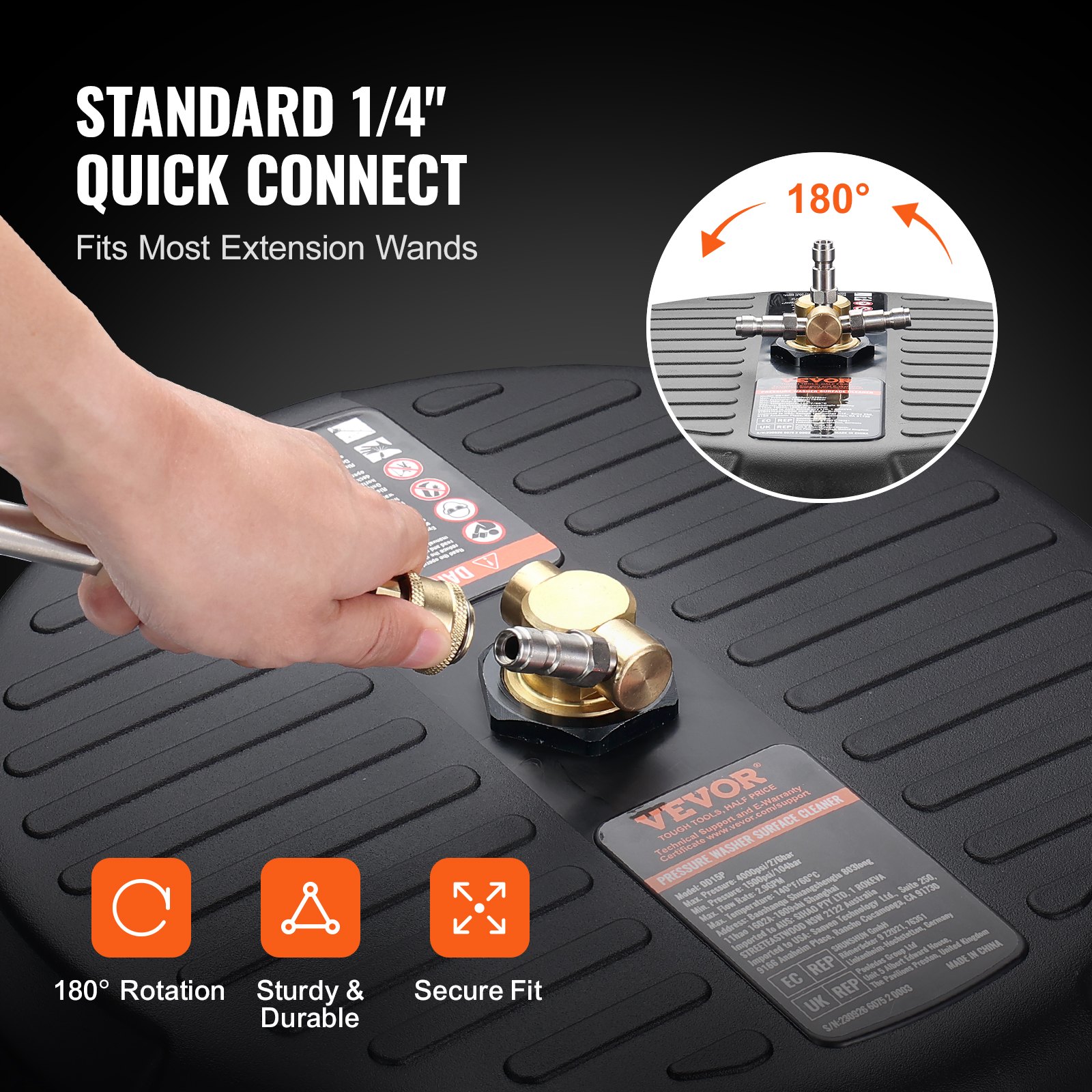 VEVOR pressure washer surface cleaner with 1/4&quot; quick connect, 180° rotation, sturdy and durable.