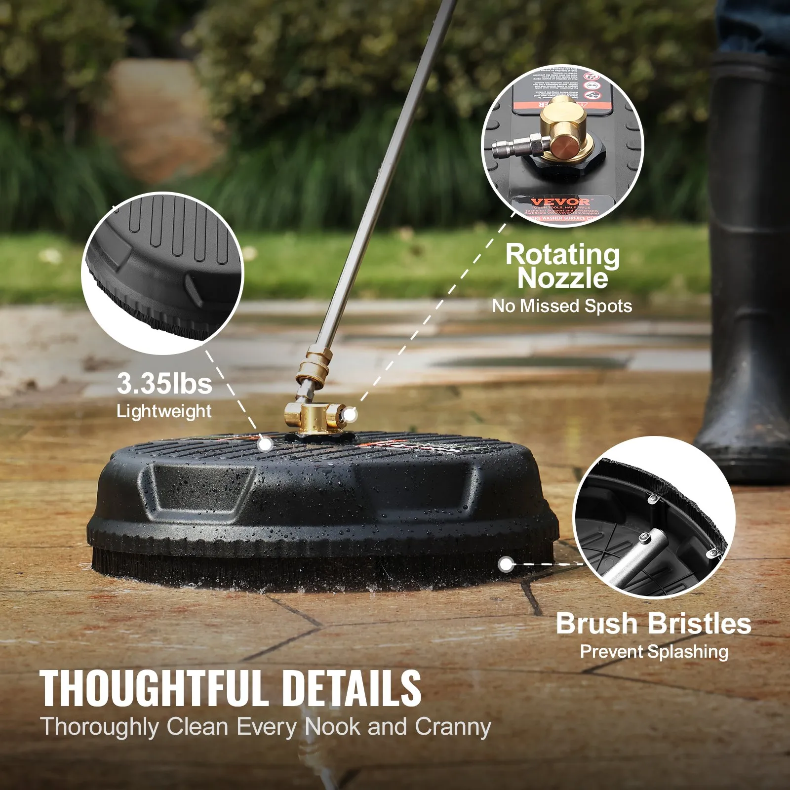 VEVOR pressure washer surface cleaner with rotating nozzle, lightweight design, and brush bristles.