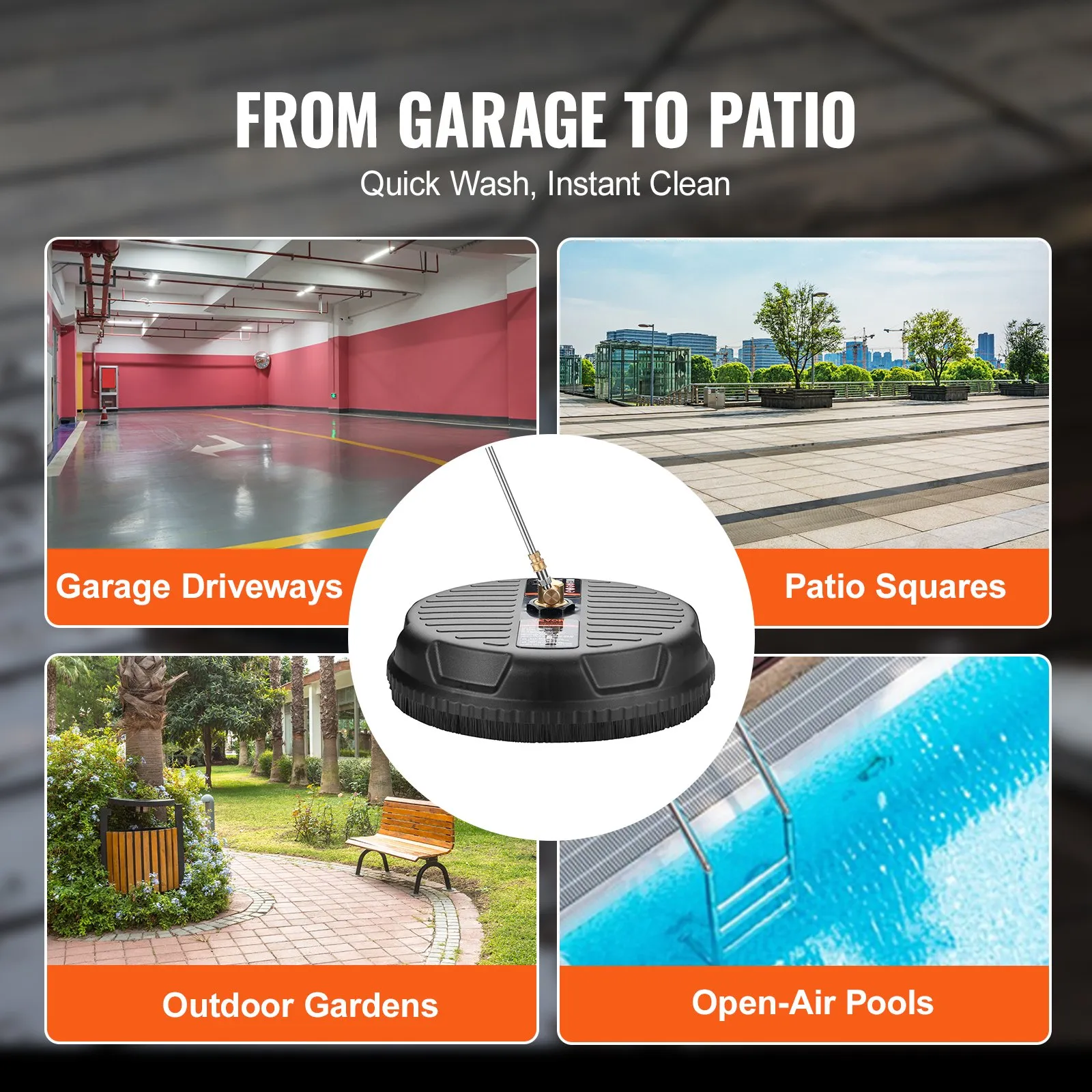VEVOR pressure washer surface cleaner for garage driveways, patio squares, outdoor gardens, open-air pools.