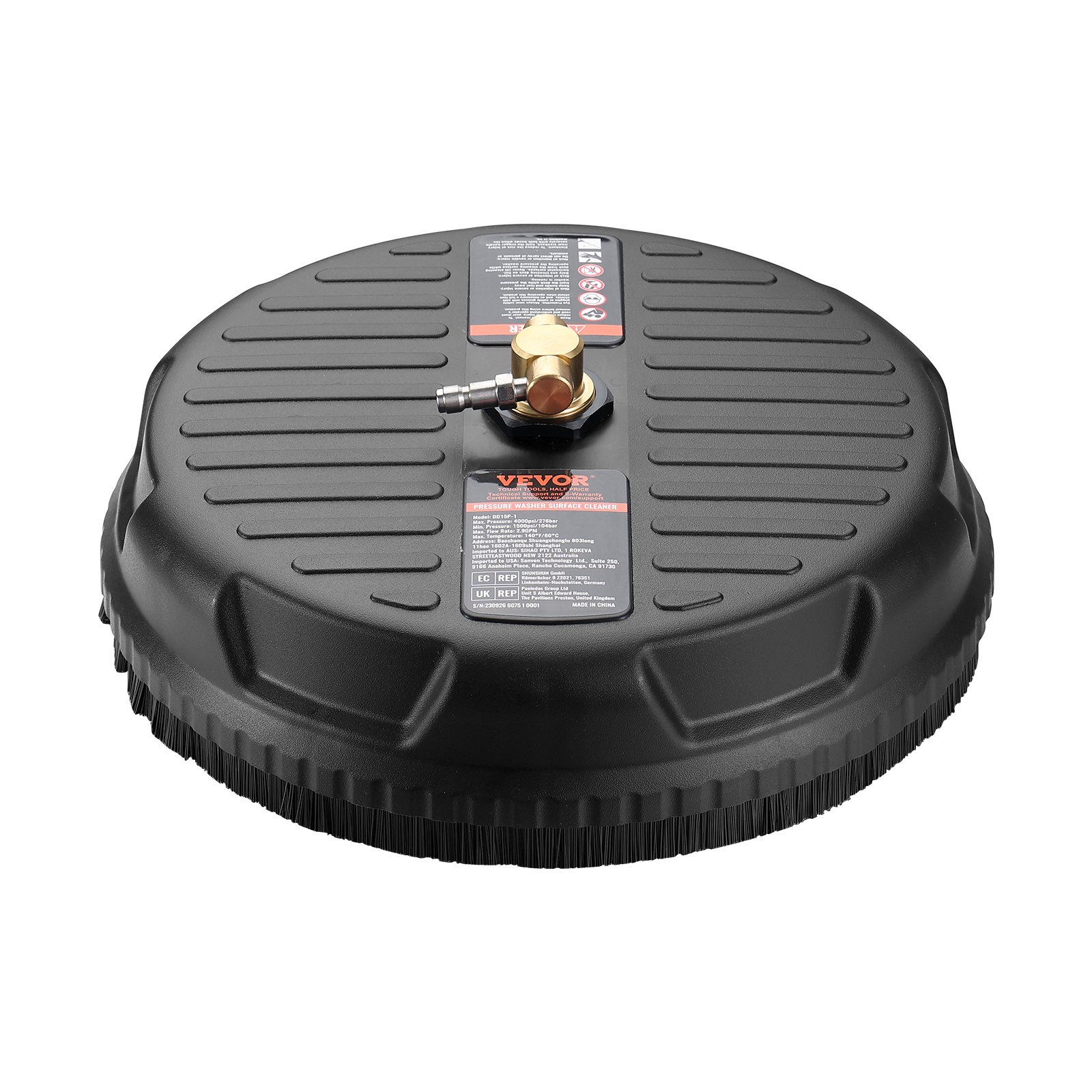 black VEVOR pressure washer surface cleaner with central connector and detailed product label.
