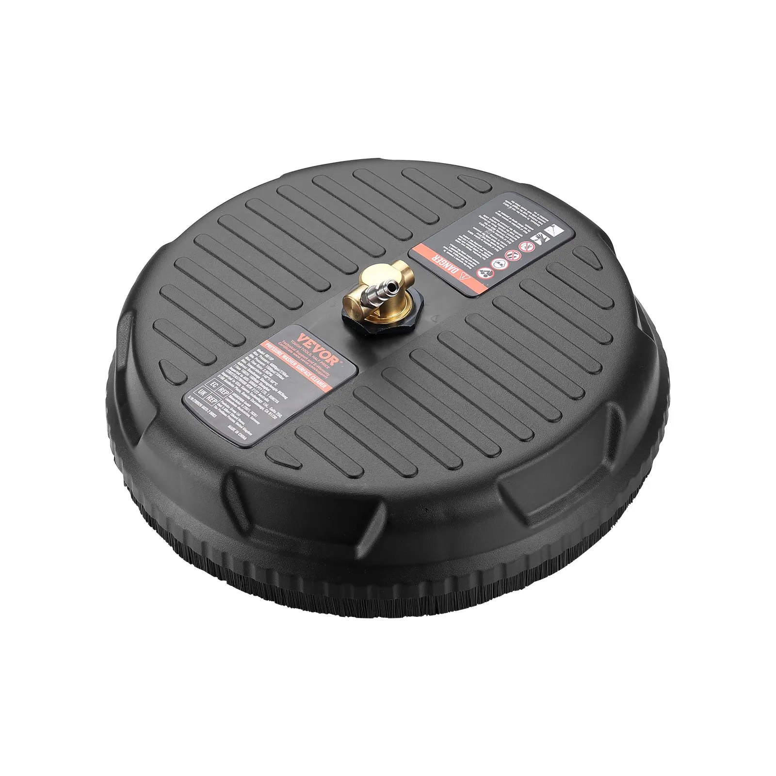 black VEVOR pressure washer surface cleaner with a brass nozzle and labeled details on the top.