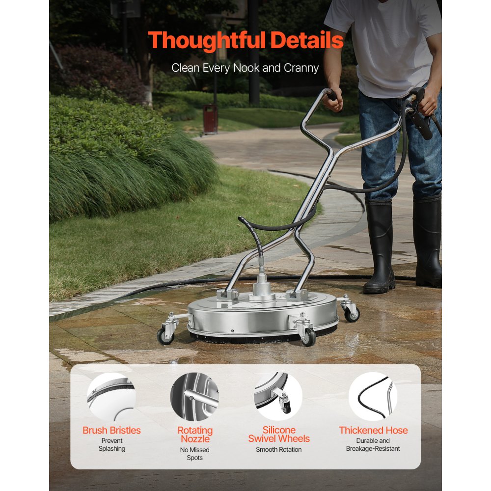 VEVOR 22" Pressure Washer Surface Cleaner, Stainless Steel Pressure Washer Attachments with 4 Wheels, 4500 Max PSI, 3/8 Quick Connector, 2 Spray Nozzles, Dual Handle, for Concrete, Patio, Sidewalk