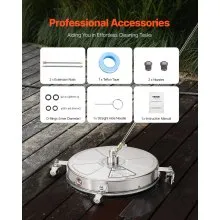 VEVOR 18" Pressure Washer Surface Cleaner, Stainless Steel Pressure Washer Attachments with 4 Wheels, 4000 Max PSI, 1/4 Quick Connector, 2 Spray Nozzles, 2 Extended Wands for Concrete, Patio, Deck