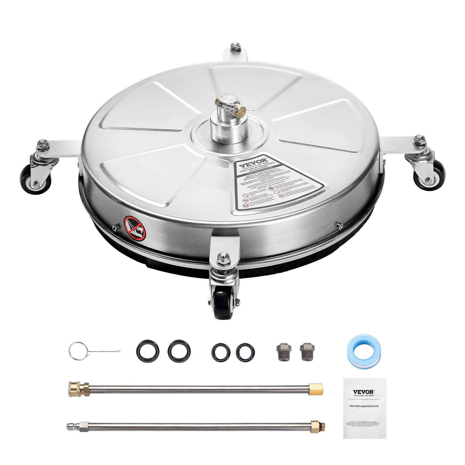 VEVOR 18" Pressure Washer Surface Cleaner, Stainless Steel Pressure Washer Attachments with 4 Wheels, 4000 Max PSI, 1/4 Quick Connector, 2 Spray Nozzles, 2 Extended Wands for Concrete, Patio, Deck