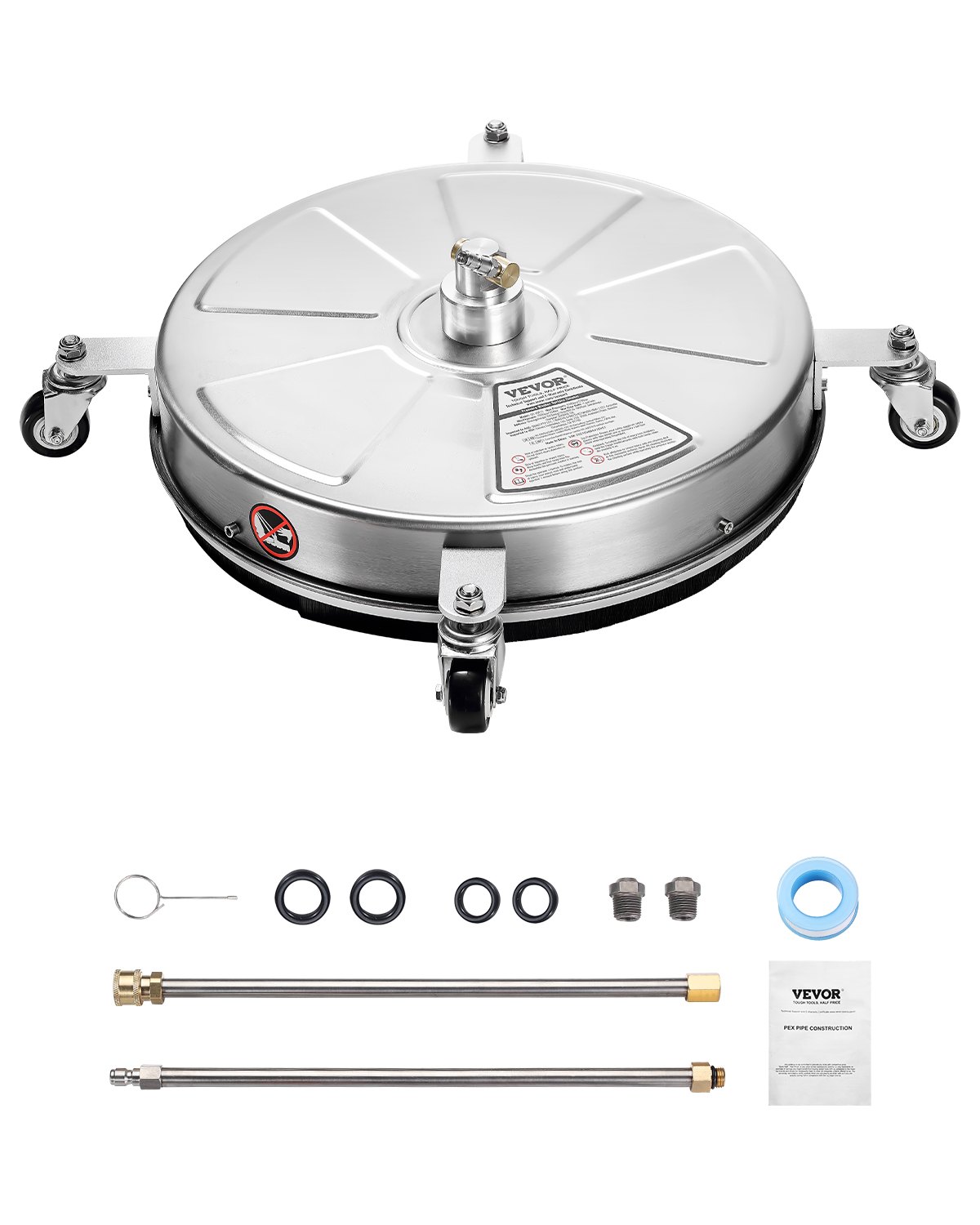 VEVOR 18" Pressure Washer Surface Cleaner, Stainless Steel Pressure Washer Attachments with 4 Wheels, 4000 Max PSI, 1/4 Quick Connector, 2 Spray Nozzles, 2 Extended Wands for Concrete, Patio, Deck