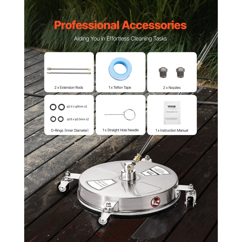 VEVOR 15" Pressure Washer Surface Cleaner, Stainless Steel Pressure Washer Attachments with 4 Wheels, 4000 Max PSI, 1/4 Quick Connector, 2 Spray Nozzles, 2 Extended Wands for Concrete, Patio, Deck