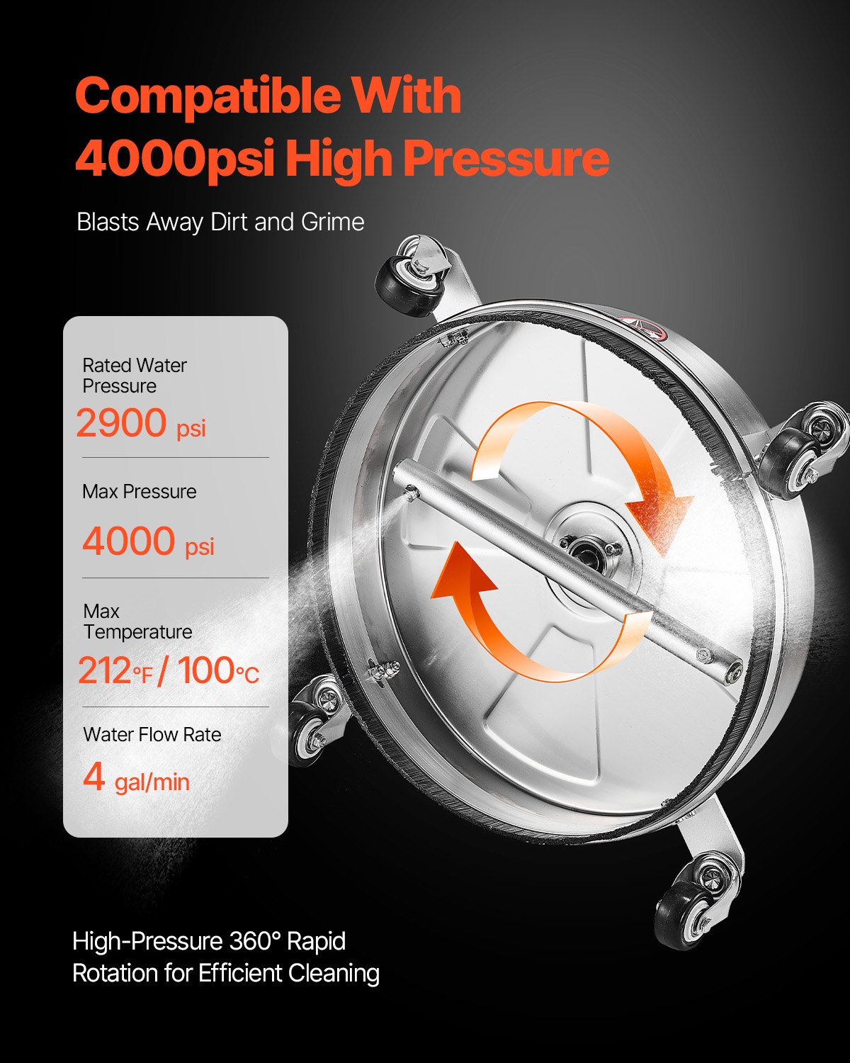 VEVOR 15" Pressure Washer Surface Cleaner, Stainless Steel Pressure Washer Attachments with 4 Wheels, 4000 Max PSI, 1/4 Quick Connector, 2 Spray Nozzles, 2 Extended Wands for Concrete, Patio, Deck