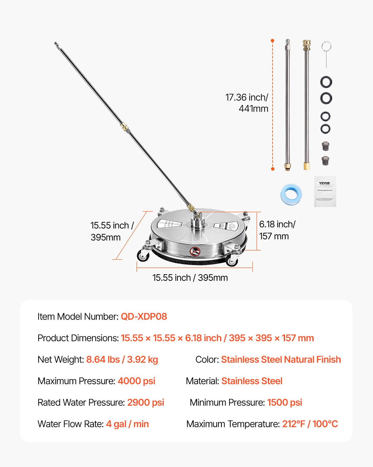 VEVOR 15" Pressure Washer Surface Cleaner, Stainless Steel Pressure Washer Attachments with 4 Wheels, 4000 Max PSI, 1/4 Quick Connector, 2 Spray Nozzles, 2 Extended Wands for Concrete, Patio, Deck