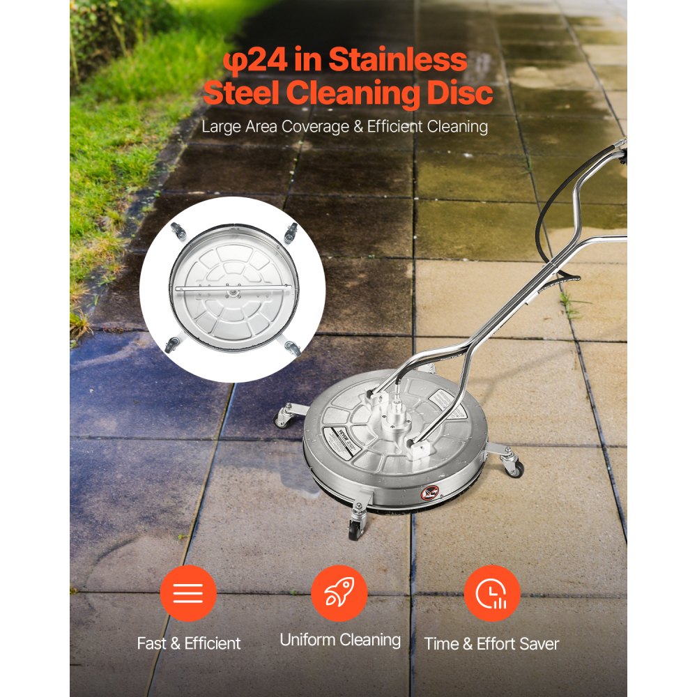 VEVOR 24" Pressure Washer Surface Cleaner, Stainless Steel Pressure Washer Attachments with 4 Wheels, 4000 Max PSI, 3/8 Quick Connector, 2 Spray Nozzles, Dual Handle, for Concrete, Patio, Sidewalk